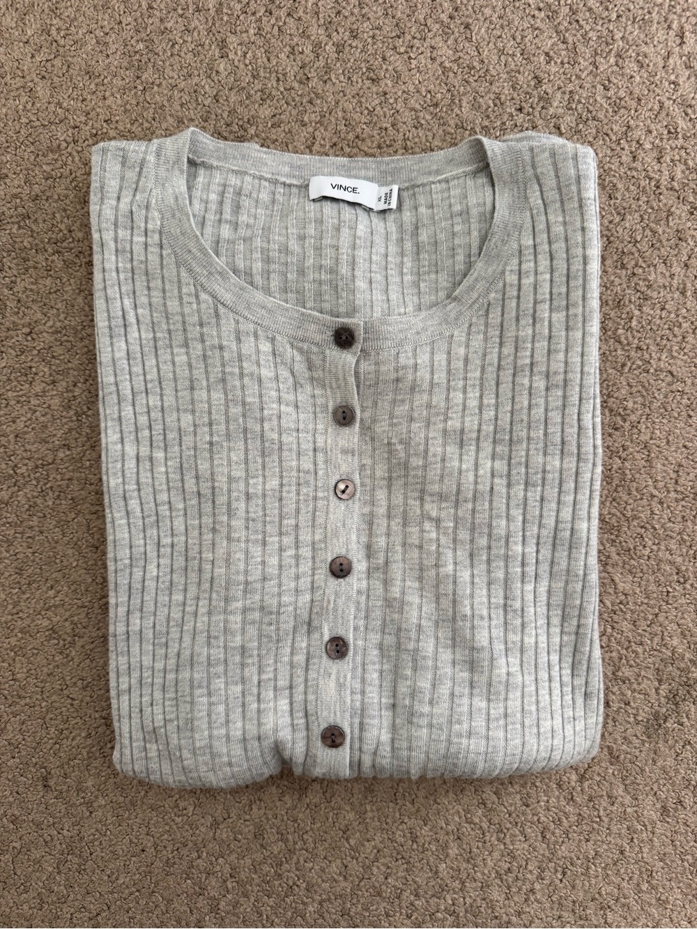 Vince Light Gray Ribbed Button-Front Cashmere Blend  Top